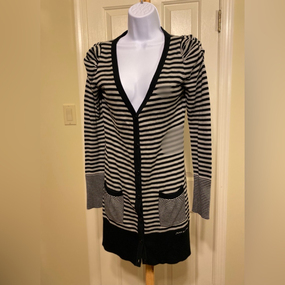 DKNY Jeans - Woman’s navy & gray striped long cardigan sweater, Size: S
